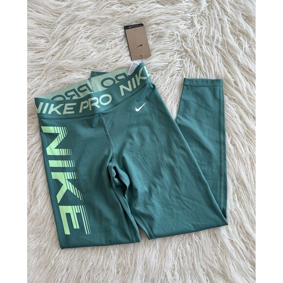 Nike Pro Mid-Rise 7/8 Graphic Leggings Bicoastal Vapour Green White Size Small - Picture 3 of 11
